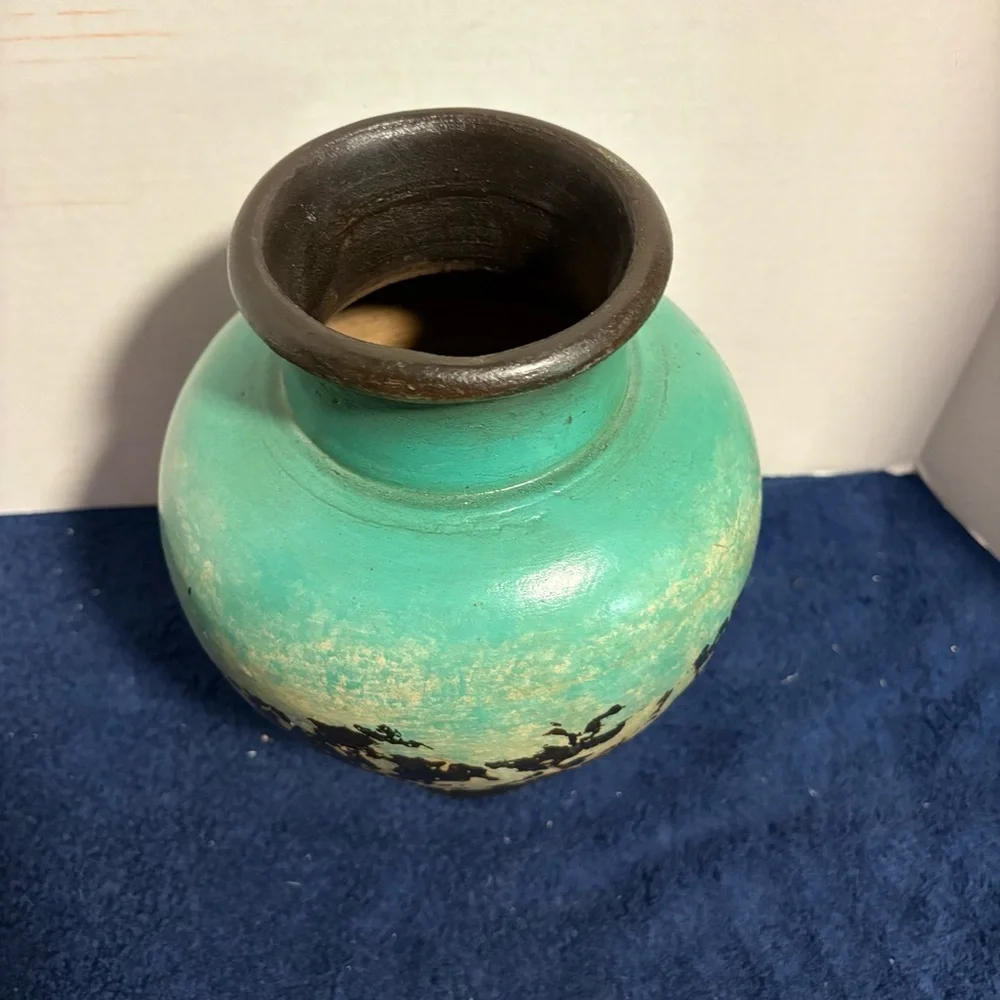 Vintage 10” Teal Black Abstract Terracotta Vase Art Pottery Decor - Unmarked